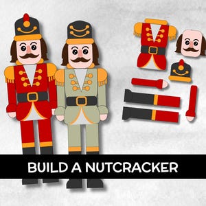 Könnte beinhalten: Bunte Illustration eines 'Build a Nutcracker' Bastelsets. Das Bild zeigt zwei komplette Nussknackerfiguren, eine rote und eine grüne, sowie die einzelnen Komponenten zum Bau eines Nussknackers. Der Text 'BUILD A NUTCRACKER' ist unten zu sehen.