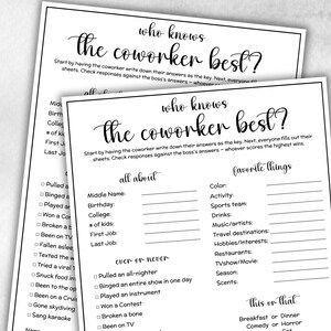 May include: Two black and white printable game sheets titled "Who Knows the Coworker Best?" with fill-in-the-blank sections for personal details and preferences. The sheets are designed for a fun office activity.