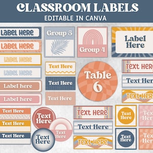May include: A set of printable classroom labels in a retro style with a peach, blue, and yellow color scheme. The labels include text boxes for "Label Here", "Text Here", and "Group" labels. There are also table number labels with a peach and blue checkered pattern.