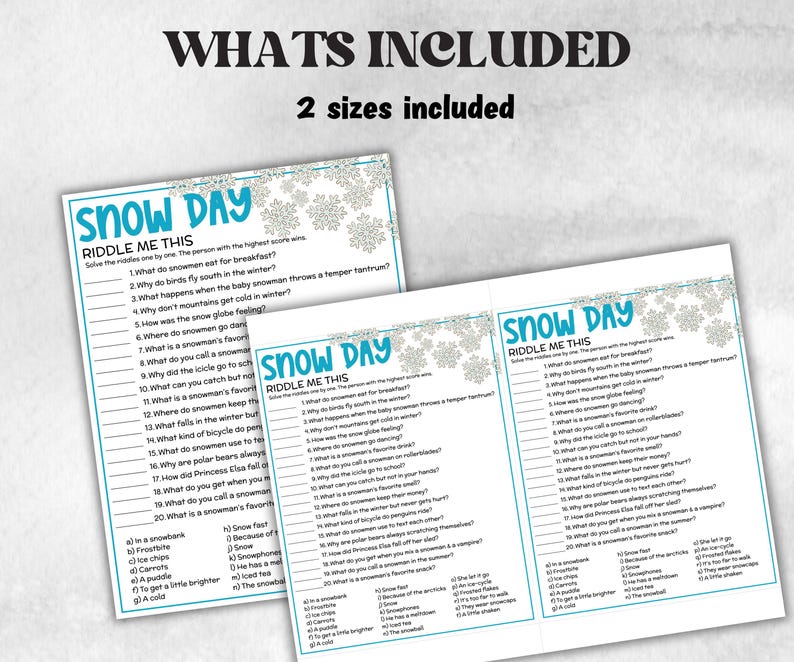 Winter Snow Day Riddles, Printable Activity, Party Game, Halloween ...