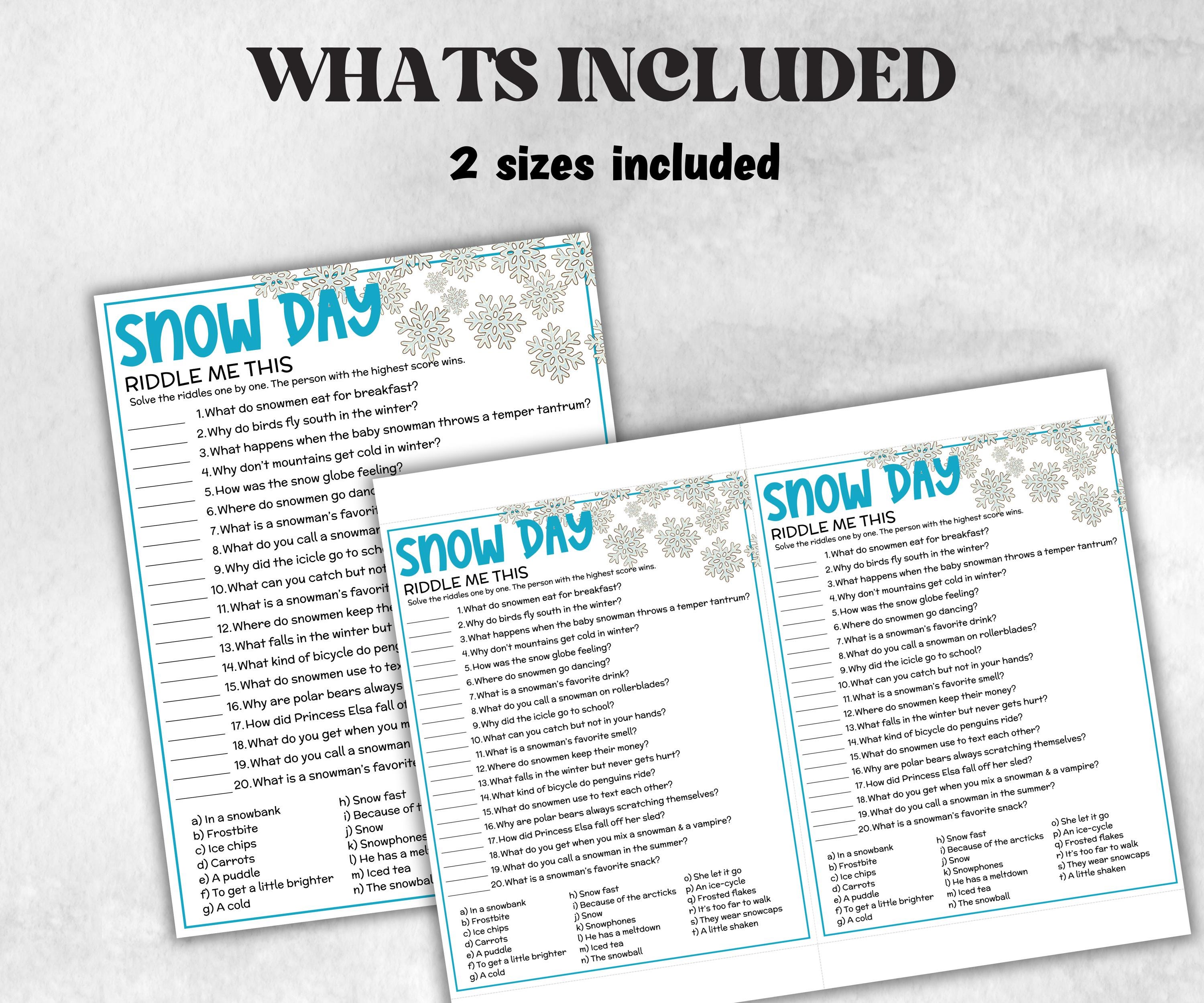 Winter Snow Day Riddles, Printable Activity, Party Game, Halloween ...