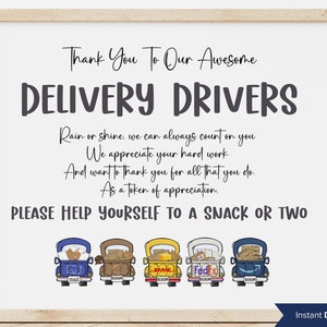 May include: A printable sign with the text "Thank You To Our Awesome Delivery Drivers" and a message of appreciation for delivery drivers. The sign features a row of six cartoon delivery trucks with different logos, including Amazon, UPS, FedEx, and DHL.