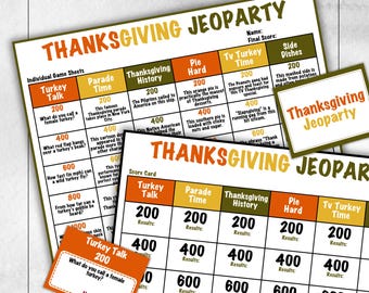 May include: Thanksgiving Jeopardy game sheets with categories like Turkey Talk and Parade Time. The game includes a score card and individual game sheets with questions and answers. The game is themed around Thanksgiving.