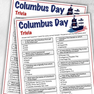 May include: Two sheets of Columbus Day trivia with a red and blue design. The top of each sheet reads "Columbus Day" in large blue letters, with "Trivia" below in red. The sheets feature questions about Columbus's voyages.