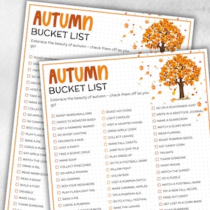 May include: Two autumn bucket list printables with orange text and a tree graphic. The lists include fall activities like roasting marshmallows, visiting a pumpkin patch, and watching a scary movie.