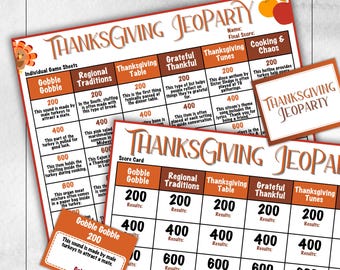 May include: Thanksgiving Jeopardy game sheets with categories like "Gobble Gobble" and "Thanksgiving Table." Includes a score card and individual game sheets with questions and answers. Features a festive design with fall colors.