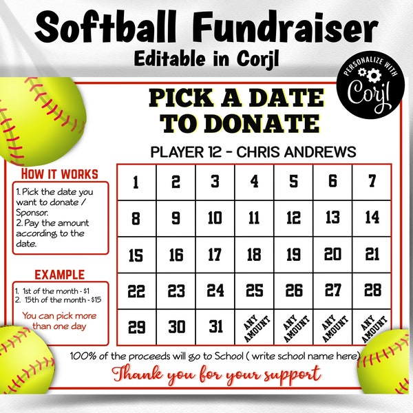 Clear The Board Fundraising Made Easy I Pay The Date | Editable File | Pick A Date To Donate Printable | Fundraiser Calendar |  Softball