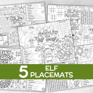 May include: A set of five black and white Elf-themed placemats with various activities, including mazes, word searches, and connect-the-dots. The placemats feature festive illustrations and the text "Merry Christmas" and "Elf Magic".