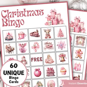 Bingo di Natale rosa, Bingo della vigilia delle feste in famiglia, Giochi di Natale divertenti, Natale in ufficio tra colleghi, Scheda del bingo stampabile, Attività natalizie per bambini