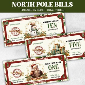 Nota de dólar do Polo Norte, presente de Natal, dinheiro de brinquedo de Natal pronto para imprimir, dinheiro de Natal para impressão, notas de Natal editáveis, dólar