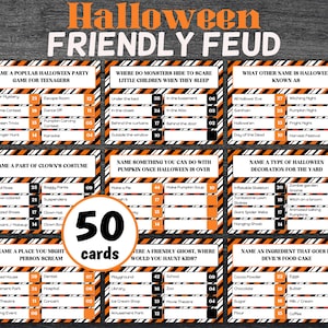 May include: A set of 50 Halloween-themed game cards with black and orange stripes. The cards feature various questions and prompts related to Halloween traditions, costumes, and activities. The text on the cards is in black and white.