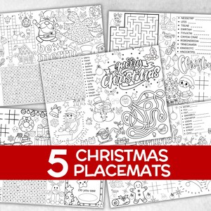 Può includere: Un set di cinque tovagliette natalizie con varie attività, tra cui labirinti, cruciverba e unisci i puntini. Le tovagliette presentano illustrazioni festive di Babbo Natale, pupazzi di neve e alberi di Natale, tutte in bianco e nero per essere colorate.