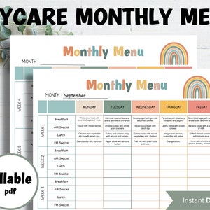 Home Daycare Monthly Menu Editable |  Daycare meal planner | Preschool Menu | Home School Meal Planner | Daycare Template I Editable meal