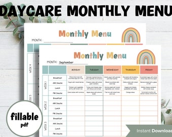 Home Daycare Monthly Menu Editable |  Daycare meal planner | Preschool Menu | Home School Meal Planner | Daycare Template I Editable meal