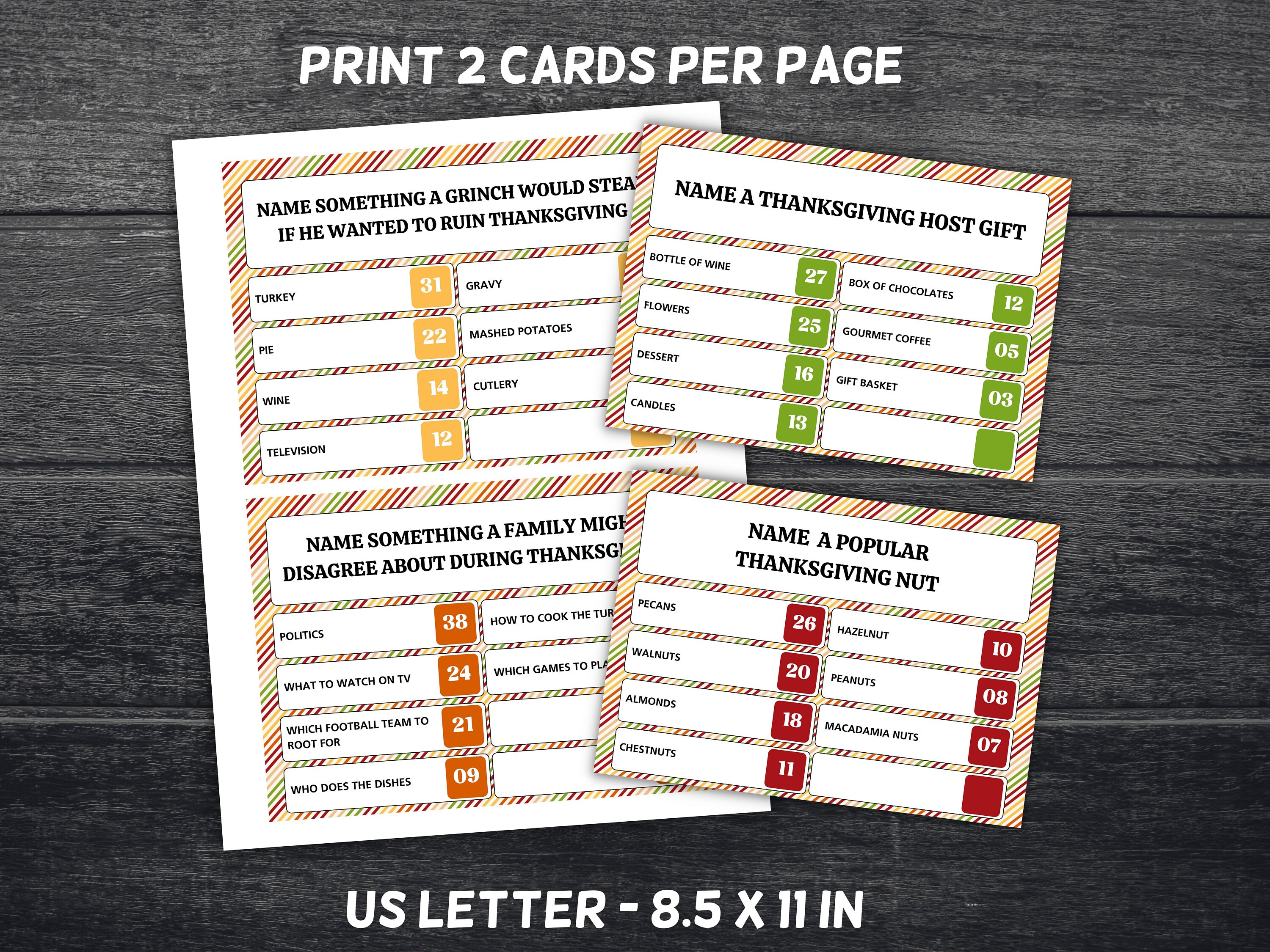 Thanksgiving Family Feud Game - 12 Question Cards & 3 Final Round Cards, Party Trivia For Gatherings