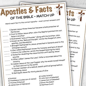 May include: Two printed sheets with a matching game titled "Apostles & Facts of the Bible." The game features facts about the apostles and asks players to match them to the correct apostle. The sheets have a brown border and a cross graphic.
