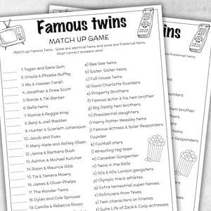 May include: A black and white "Famous Twins Match Up Game" printed on white paper. The game includes a list of famous twins to match with their corresponding pairs. Includes a drawing of a retro TV and remote controls.
