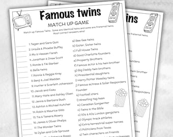 Famous Twins Trivia for Baby Showers Activity, Twin Birthday game,Printable Celebrity Twin Match Up Game, Twin Minimalist Shower,Shower quiz