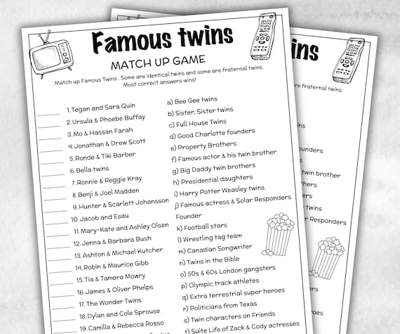 Famous Twins Trivia for Baby Showers Activity, Twin Birthday game,Printable Celebrity Twin Match Up Game, Twin Minimalist Shower,Shower quiz