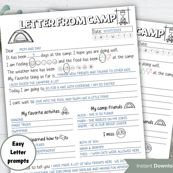 Letter from camp, Summer camp letter, fill in the blanks camp letter, kids letter to parents, overnight camp letter, camp stationary, prompt