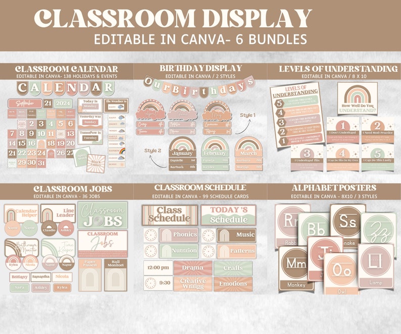 May include: Classroom decor printable bundle featuring a rainbow theme with pastel colors. Includes a calendar, birthday display, levels of understanding chart, classroom jobs, schedule, and alphabet posters.