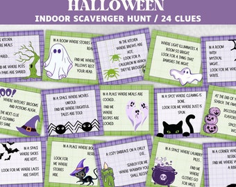 May include: A set of 24 Halloween-themed scavenger hunt clue cards. Each card features a different spooky image, such as a ghost, spider, or witch's hat, and a rhyming clue to help find the next item. The cards are printed on green and purple chequered paper.