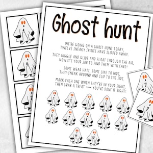 Pode incluir: Um jogo com tema de Halloween impresso em papel branco, intitulado "Ghost hunt". O jogo apresenta um poema e ilustrações de fantasmas numerados de 1 a 12. Cartas de fantasmas adicionais estão incluídas.