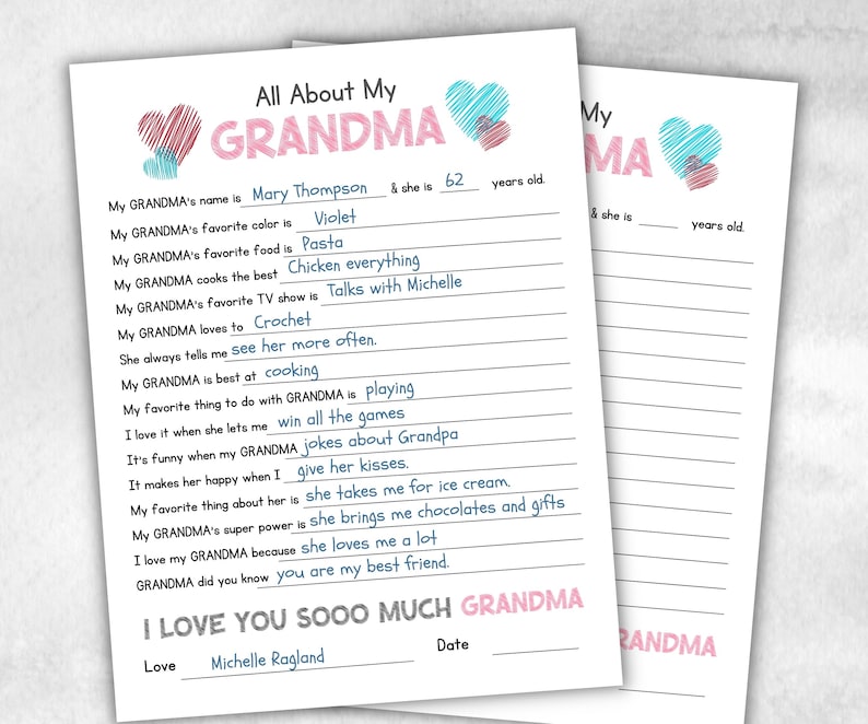 Questionario Tutto su mia nonna, regalo per la nonna dai bambini, da colorare e riempire, regalo stampabile ricordo, biglietto di auguri unico per il compleanno della nonna immagine 1