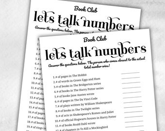 Book Club Bookish Numbers, Book club hosting, Bookworm meeting, bookstagram theme party, coversation starter, trivia challenge, themed party