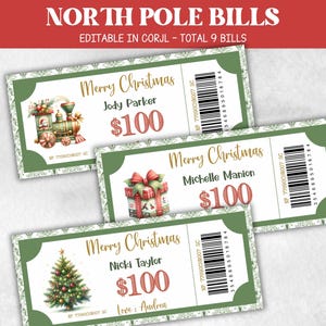 Bearbeitbare Weihnachtsdollars, bereit zum Drucken von Weihnachtsspielgeld, Nordpol-Geldschein, Stocking Stuffer, druckbares Weihnachtsgeld, Geschenke