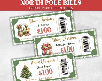 Bewerkbare kerstdollars, klaar om af te drukken kerstspeelgeld, Noordpooldollarbiljet, kousvuller, afdrukbaar kerstgeld, geschenken