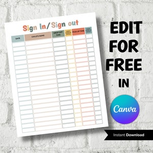 May include: Printable sign-in/sign-out sheet with columns for date, child's name, drop-off time, parent/guardian initials, pick-up time, and parent/guardian initials. The sheet has a colorful design with pastel blue, yellow, orange, and red.