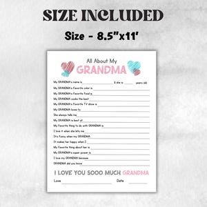 Questionario Tutto su mia nonna, regalo per la nonna dai bambini, da colorare e riempire, regalo stampabile ricordo, biglietto di auguri unico per il compleanno della nonna immagine 3