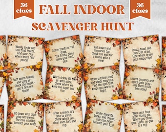 May include: A set of fall-themed scavenger hunt cards. The cards have a beige background with autumn leaf borders and text clues. The title "Fall Indoor Scavenger Hunt" is displayed in orange and brown. Each card has a unique clue.