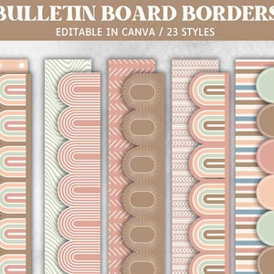 May include: A set of 23 printable bulletin board borders in various patterns and colors, including pink, brown, white, and green. The borders are designed to be used in Canva and are editable. The text "BULLETIN BOARD BORDERS" and "EDITABLE IN CANVA / 23 STYLES" is displayed at the top of the image.