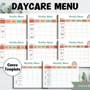 Daycare Menu Template I Home School Meal Planner | Home Daycare Weekly Menu Editable | Weekly meal planner | Preschool Menu I editable menu