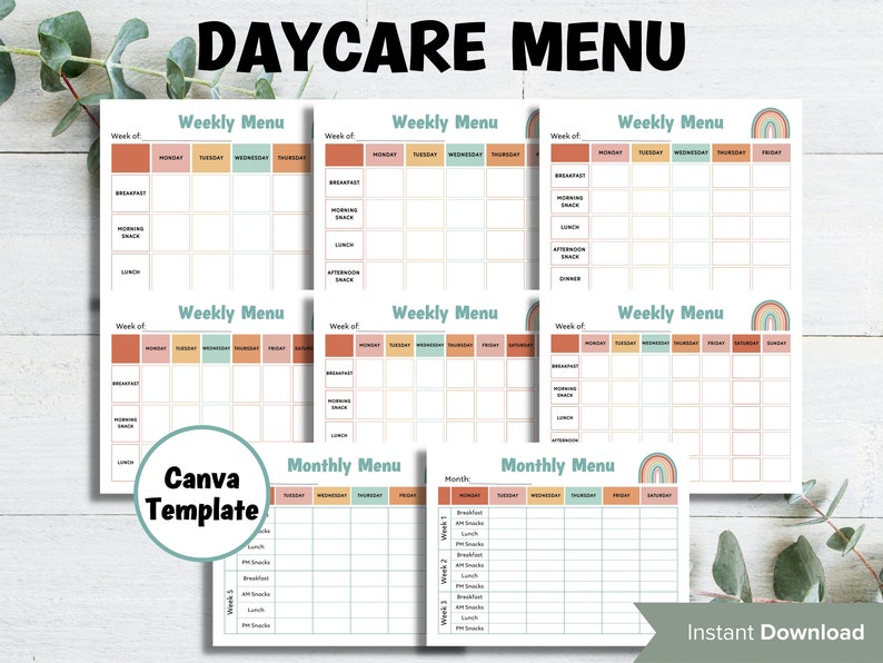 Daycare Menu Template I Home School Meal Planner Home Daycare Weekly Daycare Menu Template I Home School Meal Planner Home Daycare Weekly