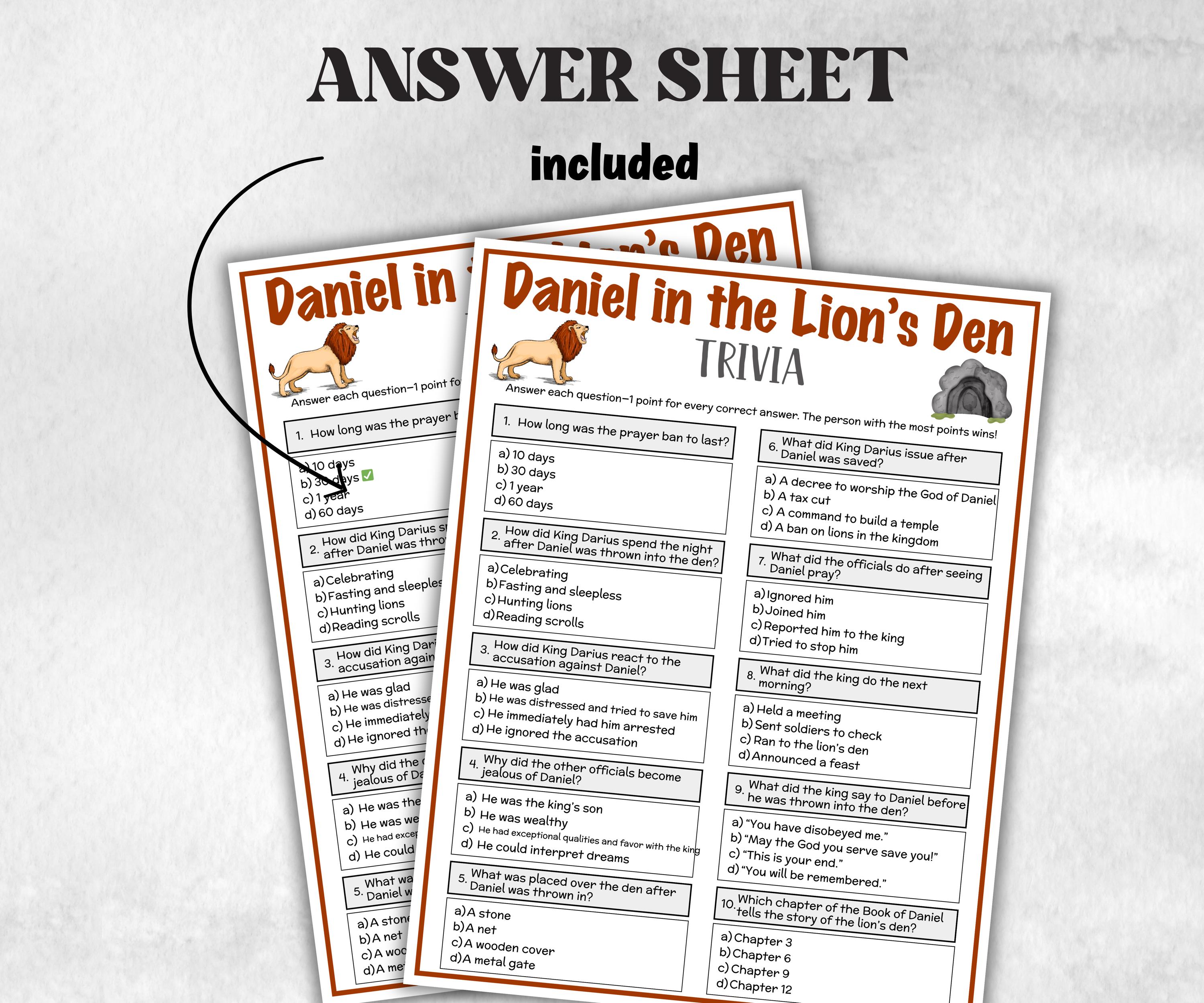Printable Daniel in the Lion's Den Trivia for Kid, Old Testament ...