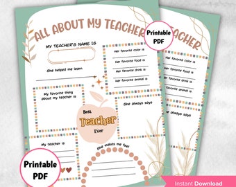 May include: Printable worksheet with a green background and a title that says "All About My Teacher". The worksheet has several sections for students to fill in information about their teacher, including their favorite color, food, drink, and animal. There is also a section for students to write about their favorite thing about their teacher and what their teacher always says.