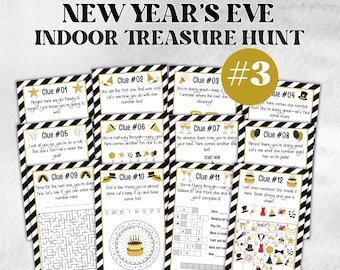 May include: A set of twelve New Year's Eve indoor treasure hunt clues. Each clue card has a black and white striped border and gold accents. The clues include mazes, word puzzles, and riddles, with a gold circle with the number 3.
