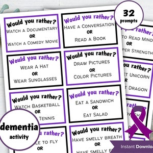 Dementia Would you rather game, Dementia Activities, Ice breaker game , Caregiver Printable, Brain Games, Memory game, Elderly game