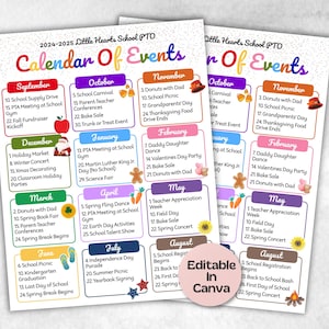 Monthly school events calendar flyer, PTA Monthly Calendar, PTO Calendar, Calendar of Events, school calendar, Edit in Canva calendar flyer