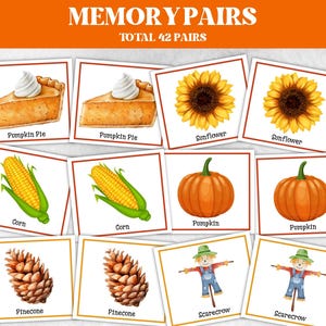 Pares de memórias de Ação de Graças, 42 pares, jogo de cartas de memória, atividade de Ação de Graças para crianças, cartão de jogo de memória de outono, jogo de Ação de Graças com amigos, feriado em família