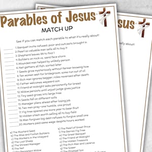 May include: Two printed sheets with the title "Parables of Jesus MATCH UP" in a decorative font. The sheets contain numbered statements and a matching section with letters. The top right corner has a cross.