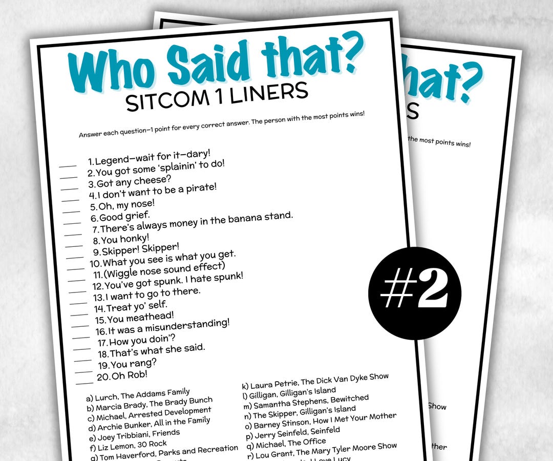 Television Sitcom Trivia Party Game, TV 1 Liners Quiz, Pop Culture ...