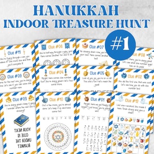 Kids Hanukkah Indoor Treasure Hunt, Treasure Scavenger Clues, Chanukah Printable Activity, Jewish Holiday Game, Holiday Kids Game fun ideas
