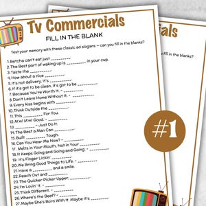 TV-Werbung Match Up Trivia-Spiel, Ad Slogan Füllen Sie das leere Quiz, Senioren-Spielenacht, Familienaktivität, Kinder Teen Erwachsene Party-Ratespiele