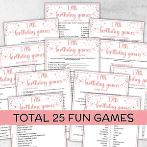 May include: A collection of 25 pink and white birthday game cards for a 17th birthday. The cards feature various game titles like "This or That" and "Who Knows You Best?" with decorative confetti and text that reads "Total 25 Fun Games."