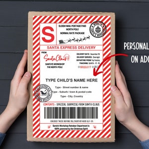 Etykieta poczty saneczkowej bieguna północnego | Pakiet przybycia elfów | Etykieta Świętego Mikołaja | Tekst edytowalny | Etykieta wysyłkowa na Boże Narodzenie | Poczta Świętego Mikołaja do wydrukowania
