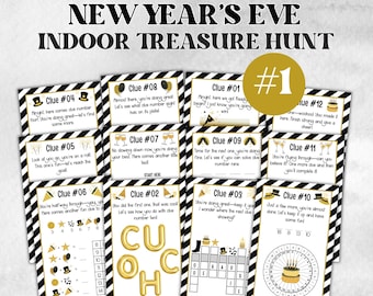 May include: A New Year's Eve indoor treasure hunt game set. The game includes 12 clue cards with black and gold accents, each with a unique clue. The cards are framed with a black and white striped border. A gold circle with the number 1 is in the upper right.